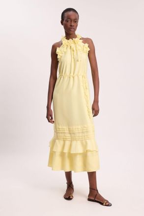 Karen Millen Womens Floral Applique Woven Halter Tier Maxi Dress - Yellow - Size 14 UK