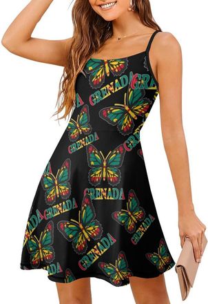 Generic Grenada Flag Butterfly Womens Summer Dresses Spaghetti Strap Dress Mini Dress Swing Short Dress 2XL Black