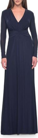 La Femme Long Sleeve Jersey Evening Dress with Ruching Detail in Navy at Nordstrom, Size 16