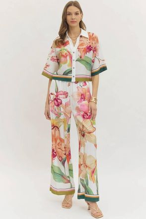 Entro Floral Pull-On Wide Leg Pants In Orchid Garden