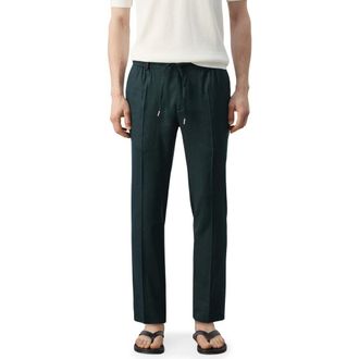 Mango Slim Fit Drawstring Linen Blend Pants in Dark Green at Nordstrom, Size 30