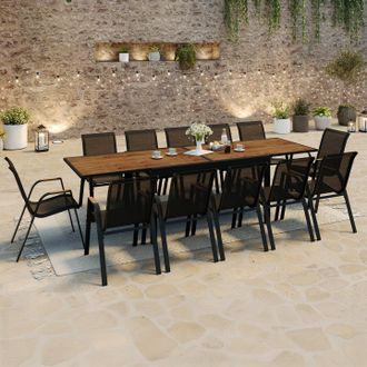 IDMarket Moorea Conjunto De Muebles De Jard&iacute;n Extensible Mesa Efecto Madera 135/270 Cm Y 12 Sillas Apilables Negro Y Madera