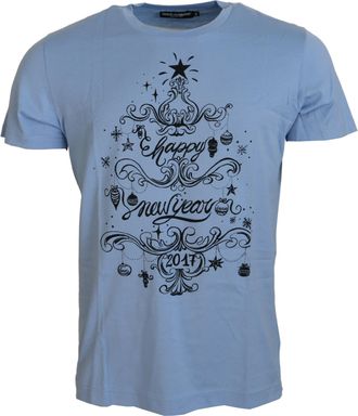 Dolce & Gabbana Mens Happy New Year 2017 Tshirt - Light Blue Cotton - Size EU 50 (Mens)