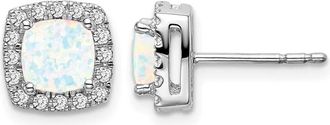 Diamond2Deal 14k White Gold Cushion Created Opal and Diamond Halo Stud Earrings