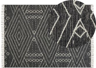 Beliani Alfombra De Algod&oacute;n Negro Blanco Crema 140 X 200 Cm Geom&eacute;trico Borlas Khenifra