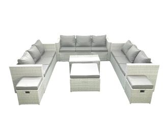 Fimous Rattan Garden Outdoor Furniture Set 12 Seater Garden Sofa Coffee Table Set with 3 Footstools Light Grey Mixed