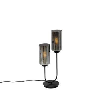 QAZQA Qazqa Moderno L&aacute;mpara De Mesa Inteligente Negra Con Cristal Ahumado 2 Luces Incl. 2 Wifi St64 - Laura Vidrio /acero Redonda Adecuado Para Led Max. 2 X