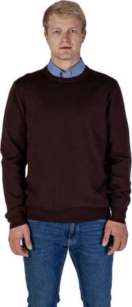 Aquascutum Merino Club Check Elleboog Patches Sweater - Heren - Ronde hals truien - Bruin - 3XL - Wol - Truien & Vesten