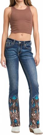Grace in L.A. Western Embroidery Hem Detail Flare Jeans In Dark Denim