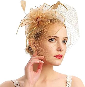 Generic Flower Feather Fascinator for Women Beaded Hair Clip Headpiece Wedding Hat Cocktail Headband Mesh Net Bridal Fascinator Hat Headwear Cocktail Tea Part