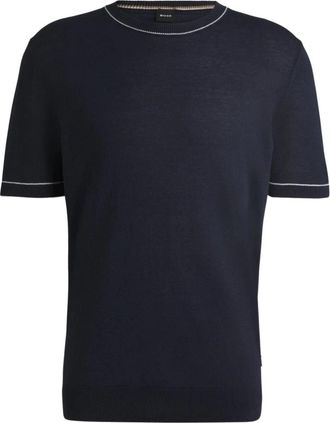HUGO BOSS Blauwe Linnen Trui - Heren - Ronde hals truien - Blauw - M - Linnen - Truien & Vesten