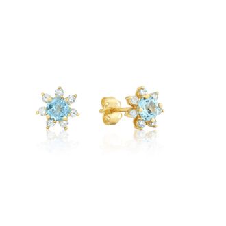MAX + STONE 14k Yellow or White Gold Gemstone and 4mm Diamond Flower Halo Stud Earrings