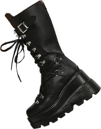 Generic Punk Womens Goth Platform Motorcycle Boots Punk Rivet Buckle Strap Combat Booties Women Thick Bottom Wedge Heels Mid Calf Boots(10.5US)