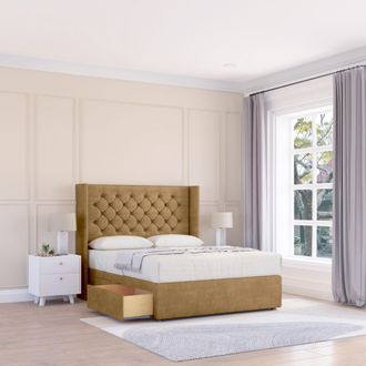 Sloomy Dior Plush Wingback Bed Set, 2 Drawers & 54 Floor Standing Headboard in Light Brown | Size: King