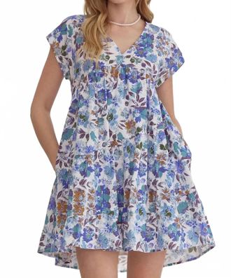 Entro Floral V-Neck Cotton Mini Dress In Blue