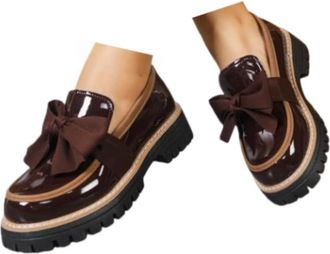 Generic Loafers Shoes for Women,Womens Patent Loafers with Bow,Casual Slip On Leather Loafer,Womens Loafer Thick Sole Loafer Lug Sole Comfortable Shoes,Busine