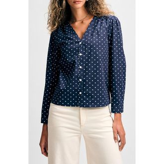 Isaac Mizrahi New York Cotton V-Neck Button-Up Shirt in Navy/White Dot at Nordstrom Rack, Size Xx-Large