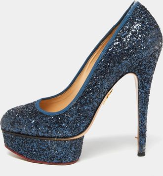 Charlotte Olympia Blue Glitter And Fabric Priscilla Platform Pumps