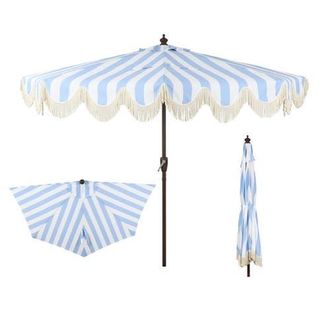 Jonathan Y Designs Beverly 9 ft. Designer Classic Scalloped Fringe Half Market Patio Umbrella with Crank, Push Button Tilt and UV Protection in Light