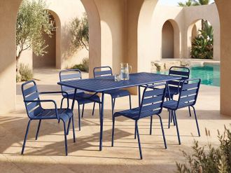 Vente-Unique Comedor de jard&iacute;n de metal: Mesa An. 160 cm con 2 sillones apilables y 4 sillas apilables azul noche - MIRMANDE