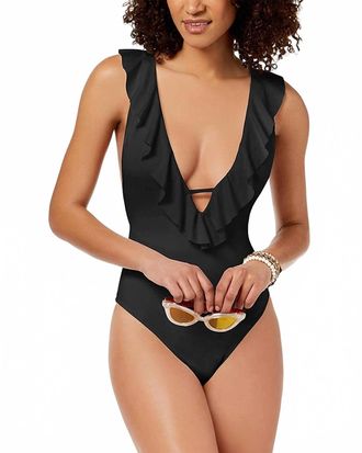 Bar III Ruffled Cross Back Cheeky One Piece Swimsuit In Black