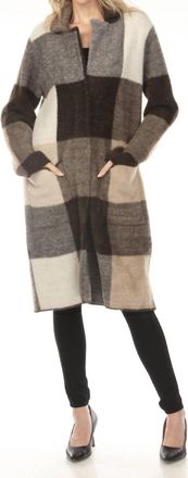 Joseph Ribkoff Checkered Feather Yarn Coat In Mocha Multi