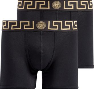 Versace 2-Pack Greca Border Stretch Cotton Boxer Briefs in Black Gold Greek Key at Nordstrom, Size 5