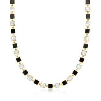 Ross-Simons Bezel-Set Onyx and Mother-Of-Pearl Station Necklace in 18kt Gold Over Sterling