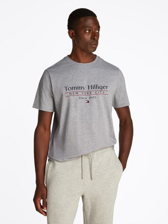 Tommy Hilfiger T-Shirt TOMMY HILFIGER HILFIGER CENTER STACK TEE, Herren, Gr. L, grau (light grau heather), Single Jersey, Obermaterial: 100% Baumwolle, Rundhals, Shi