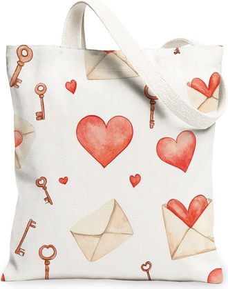 Generic Valentines Day Hearts Canvas Tote Bags, Romantic Love Letter Pattern Reusable Grocery Bags, Lightweight Washable Shoulder Strap Canvas for Shopping Tr