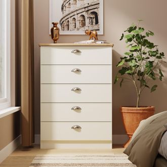 Welcome Furniture Westminster Ready Assembled 5 Drawer Chest in Cream Ash & Riviera Oak - Welcome Furniture | TJ Hughes