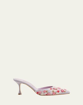Manolo Blahnik Fiorata Embroidered Linen Mule Pumps