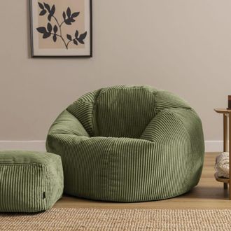 Icon Brand Puf cl&aacute;sico sill&oacute;n grande xl y reposapi&eacute;s de pana verde salvia
