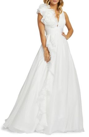 Mac Duggal Ruffle Shoulder V-Neck Chiffon Gown in White at Nordstrom, Size 10