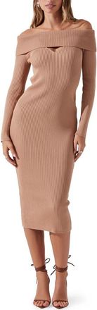 ASTR the Label Cutout Off the Shoulder Long Sleeve Midi Sweater Dress in Tan at Nordstrom, Size X-Large