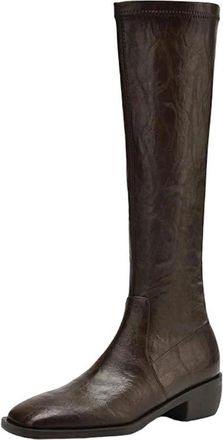 Generic Womens Cow Skin Square Toe Thick High Heels Riding Boots Winter Shoes Metal Buckle Knee-High Boots