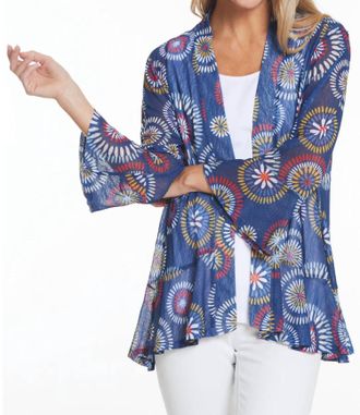 Multiples Flounce Sleeve Mesh Open Cardigan In Navy/red/gold