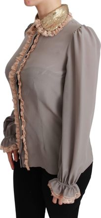 Dolce & Gabbana Gray Silk Gold Sequin Lace Blouse Womens Shirt