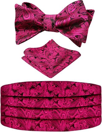 Alizeal Mens Classic Paisley Self-tied Adjustable Bow Tie, Cummerbund and Pocket Square Set, Black+Hot Pink