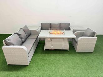 Fimous 7 Seater Poly Rattan Outdoor Garden Furniture Firepit Dining Table Sofa Set Patio 3 Seater Sofa Reclining Chair 3 Seater Sofa 2 Side Table
