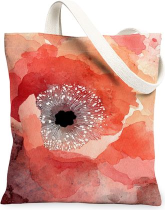 Generic Artistic Floral Canvas Tote Bags, Vintage Flower Pattern Reusable Grocery Bags, Summer Lightweight Washable Shoulder Strap, Red, 13x15 Inch