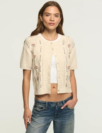Lucky Brand Womens Rosette Button Up Sweater Tee
