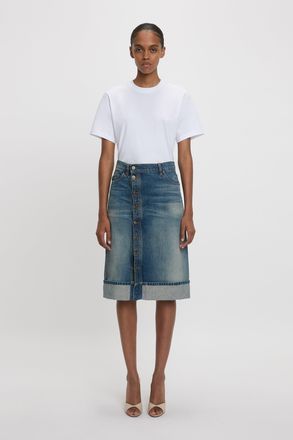 Victoria Beckham Placket Detail Denim Skirt In Heavy Vintage Indigo Wash 24