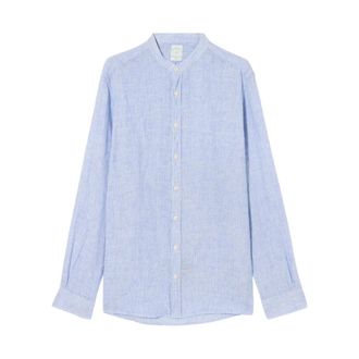 Brooks Brothers Slim Fit Linnen Gestreept Overhemd met Opstaande Kraag - Heren - Casual Overhemden - Blauw - XL - Linnen - Overhemden