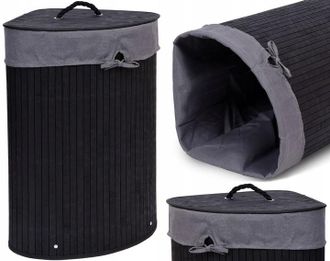 OEM Cesto De Lavander&iacute;a Esquinero De Bamb&uacute; Para Ba&ntilde;o, Negro, Con Tapa, 60 Litros