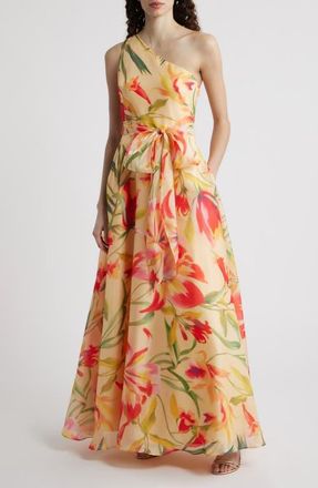 Eliza J Floral One-Shoulder Gwon in Yellow at Nordstrom, Size 14