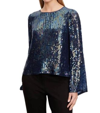 Velvet Evie Sequin Long Sleeve Wide Neck Blouse In Baltic