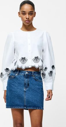 French Connection Womens White Cotton Embroidered Long Sleeve Grandad Collar Scalloped Hem Cropped Shirt - Size X-Small