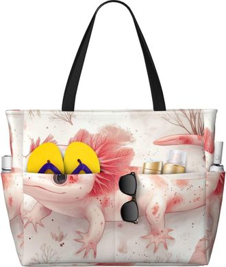 Generic Cute Axolotl Print Large Beach Bag Foldable Travel Shoulder Tote Bag With Pocket For Weekender Pool Vacation