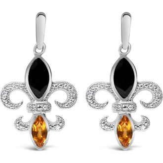 House of Brilliance Silver Marquise Onyx and Citrine Diamond Accent Fleur De Lis Drop Stud Earrings in White at Nordstrom
